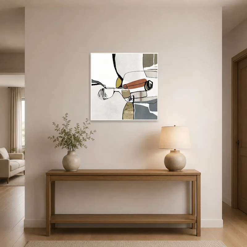 Entrance hall featuring a striking modern abstract cubist artwork.