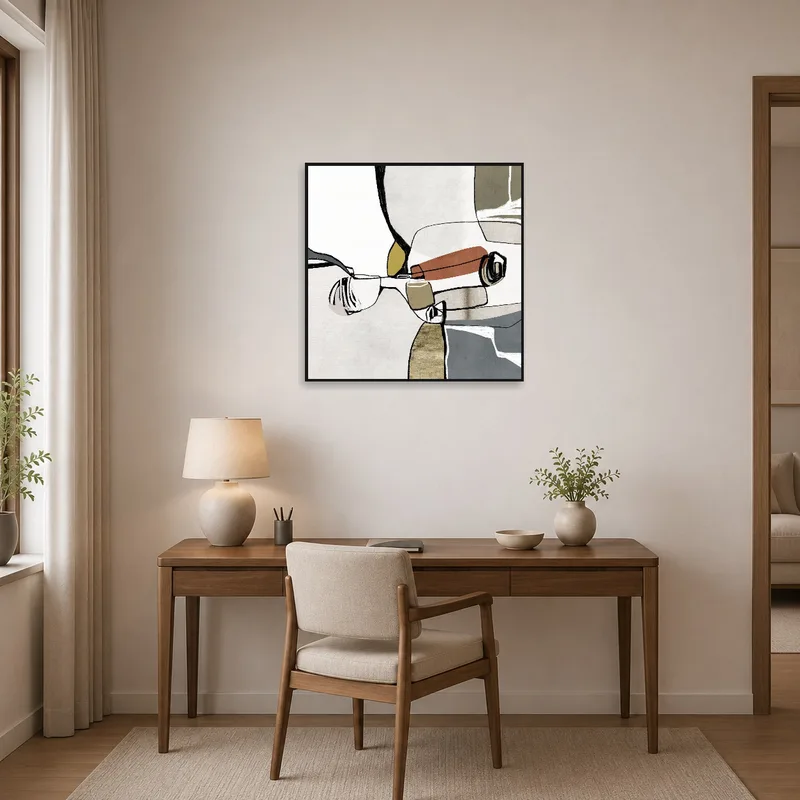 Home office with a contemporary abstract cubist style wall art on display.