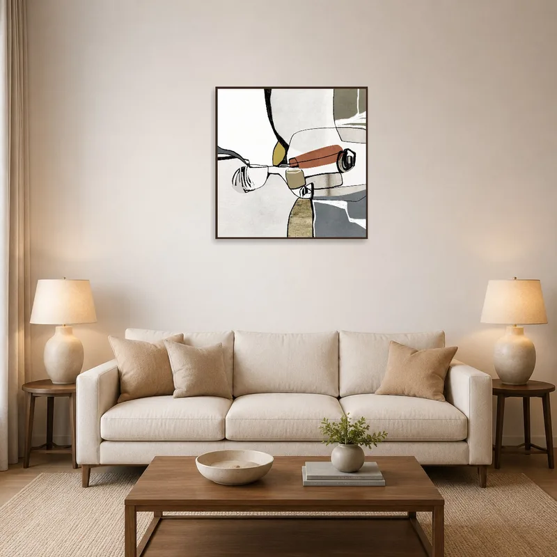Modern abstract cubist art displayed in a stylish living room setting.