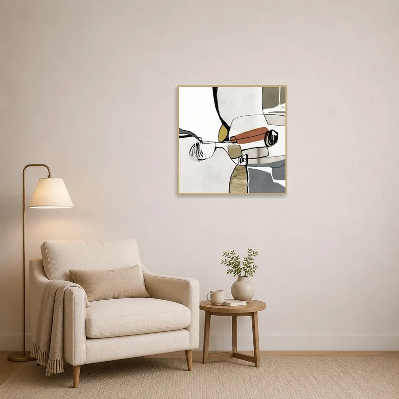 Reading corner with modern abstract cubist art enhancing the space.