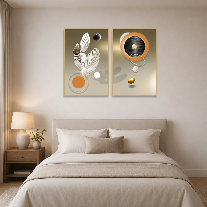 Modern abstract art adding color to a serene bedroom setting.