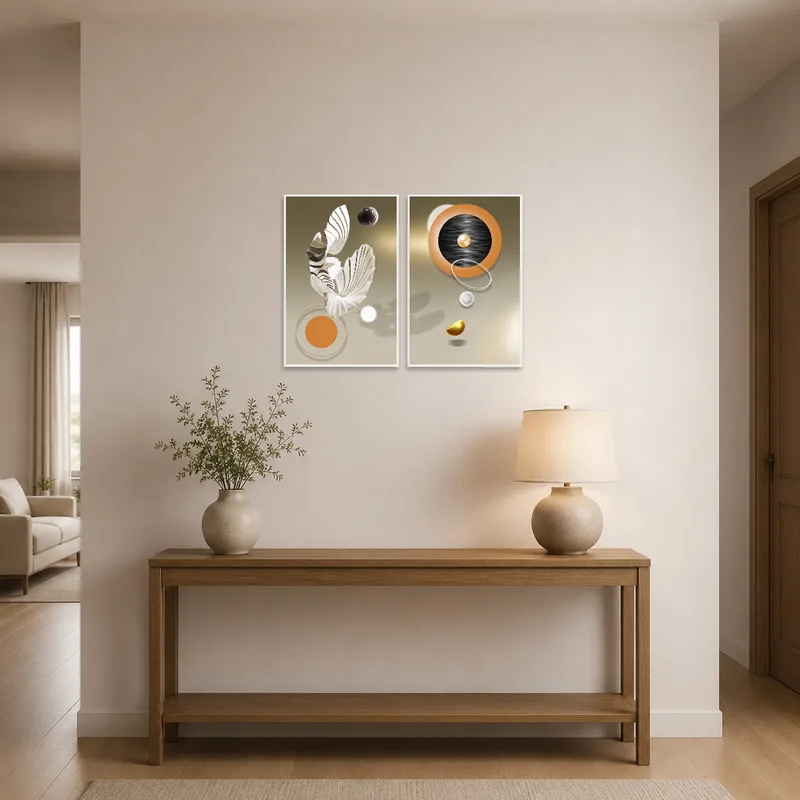 Abstract canvases welcoming guests in a stylish entrance hall.