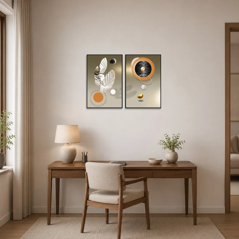 Colorful canvas set inspiring creativity in a home office space.