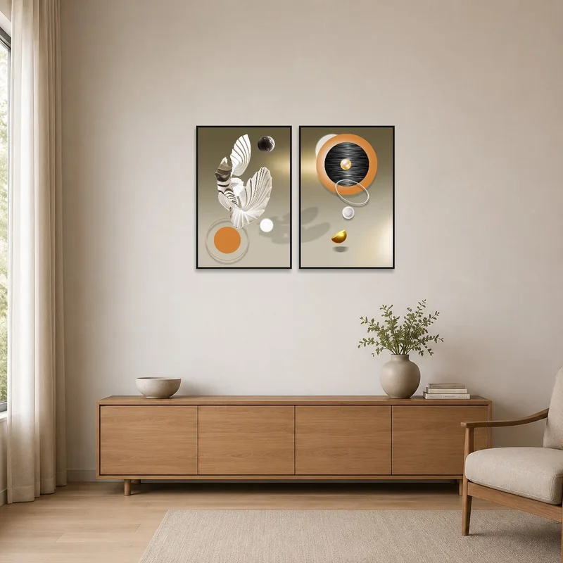 Simple dual canvases in a minimalist room with clean lines.