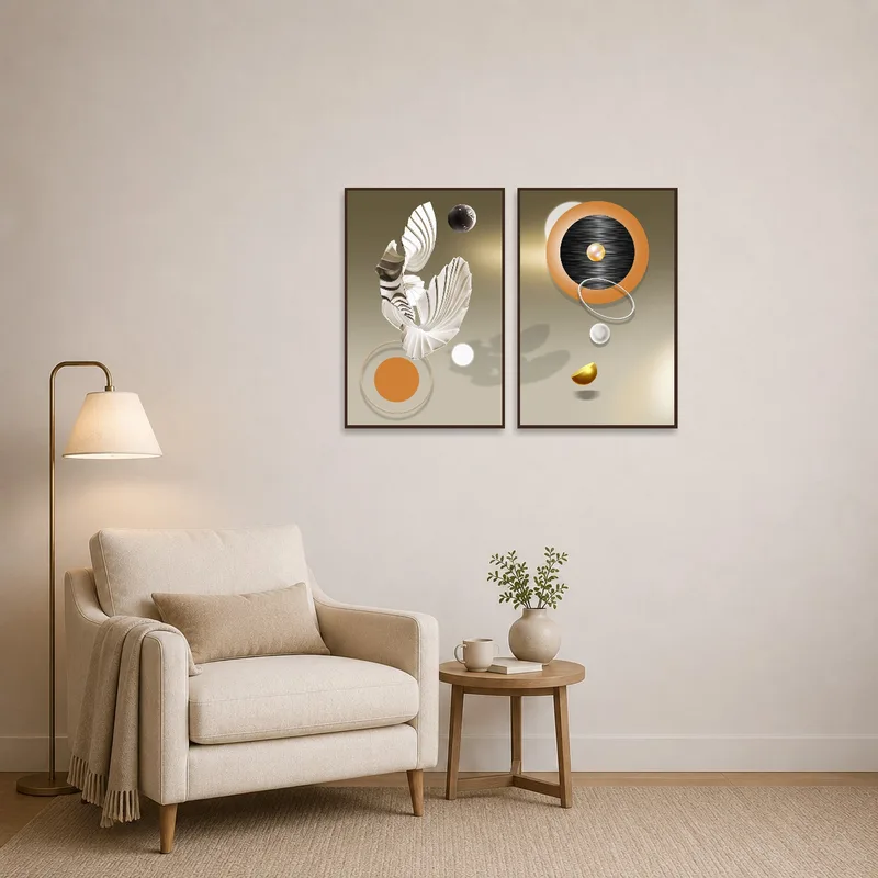 Dual artworks energizing a cozy reading corner with soft lighting.