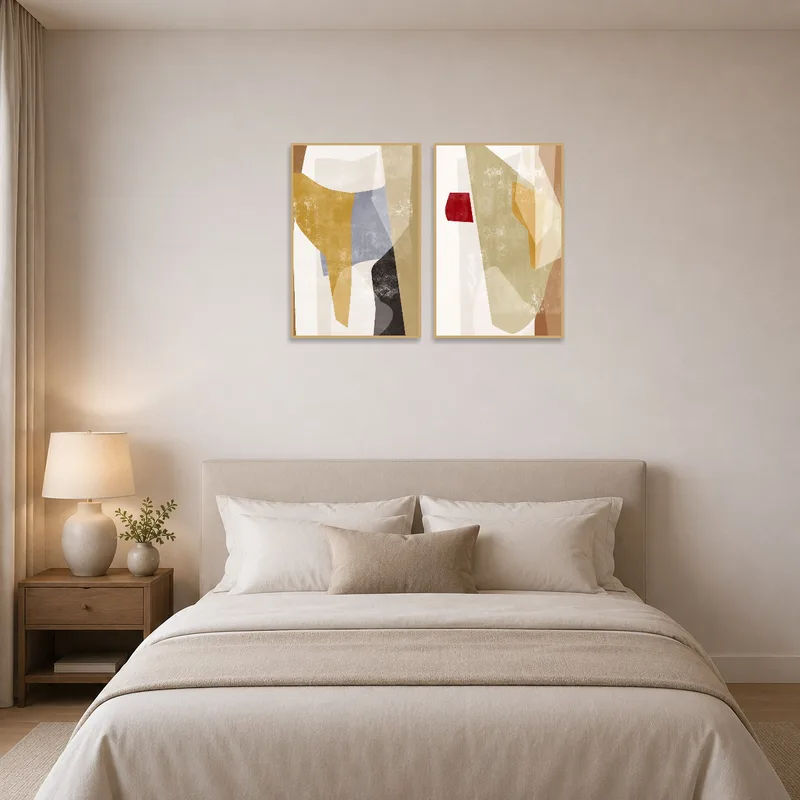 Bedroom with an abstract art set in earthy tones creating a calming atmosphere over the bed.