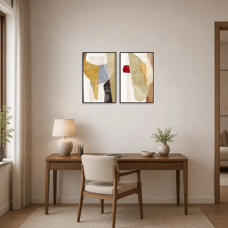 Home office with modern abstract earthy tones art set inspiring creativity and focus.