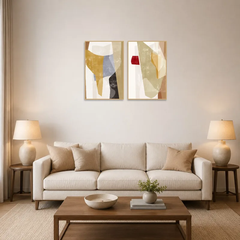Modern abstract earthy tones art set displayed above a stylish sofa in a cozy living room.