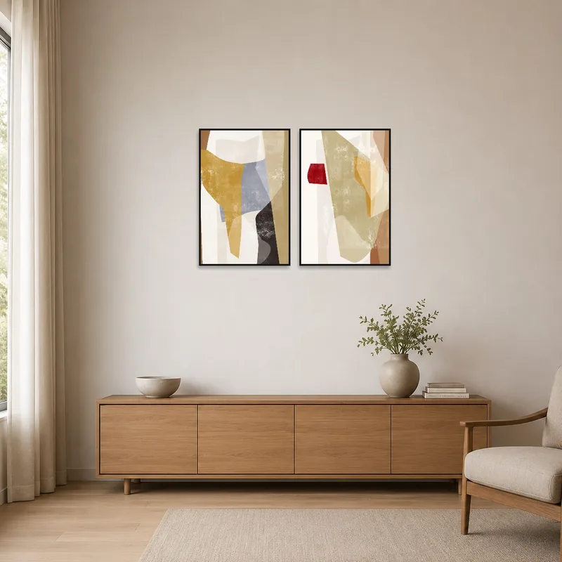 Minimalist room with abstract earthy tones art set enhancing the simplicity of the space.
