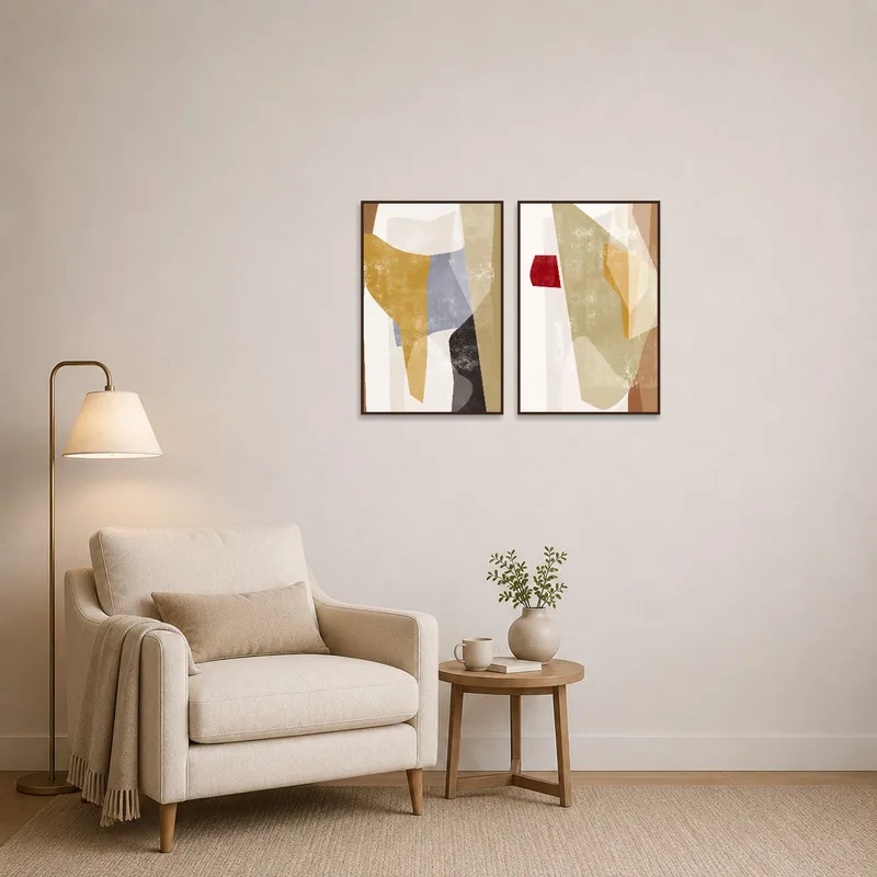 Reading corner adorned with modern abstract earthy tones art set, adding interest to the area.