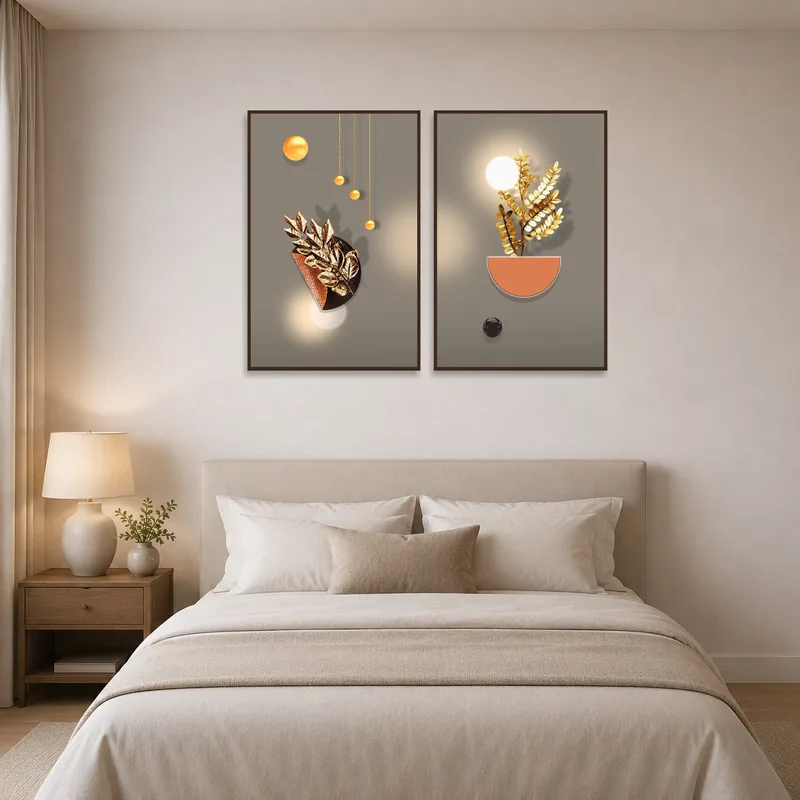 Bedroom gains a touch of elegance with abstract floral artwork set.