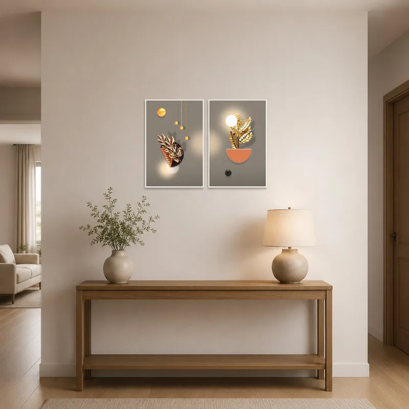 Entrance hall enriched with a modern abstract floral art set.