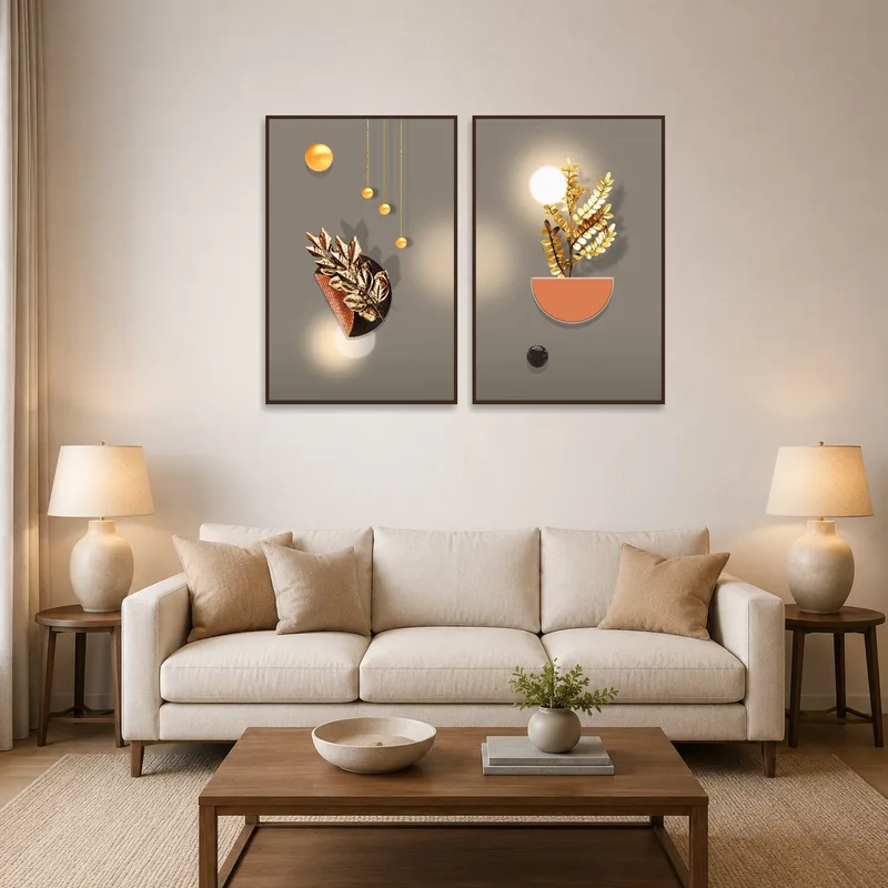 Abstract floral artwork set enhances a modern living room ambiance.