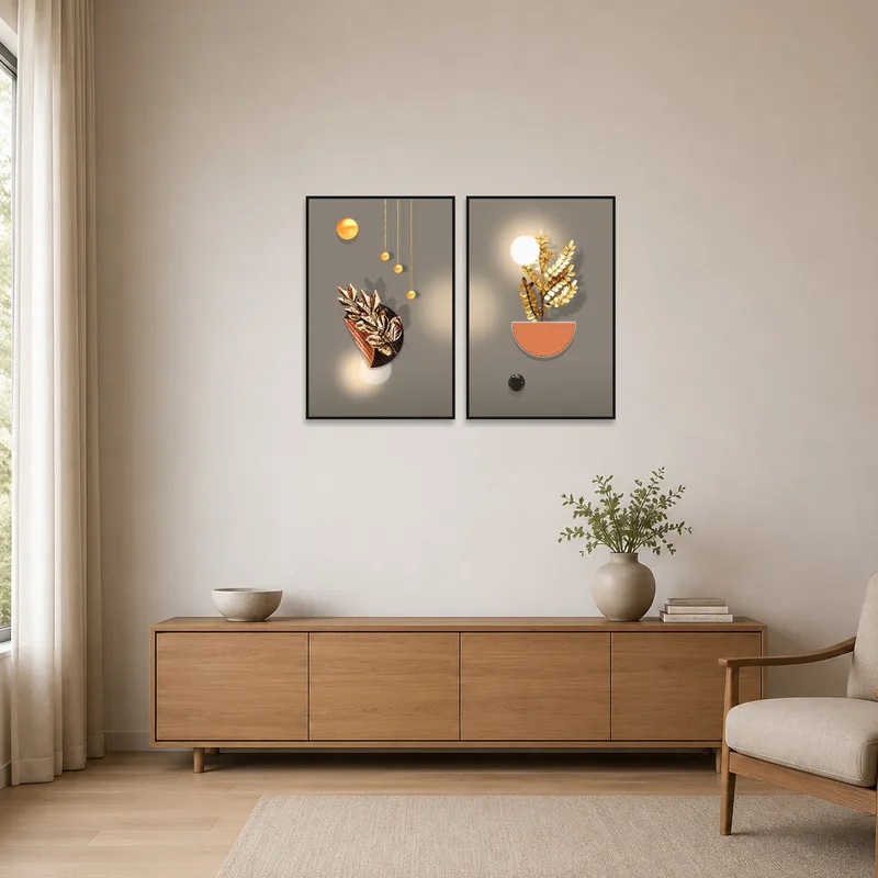 Minimalist room features a striking abstract floral art set.