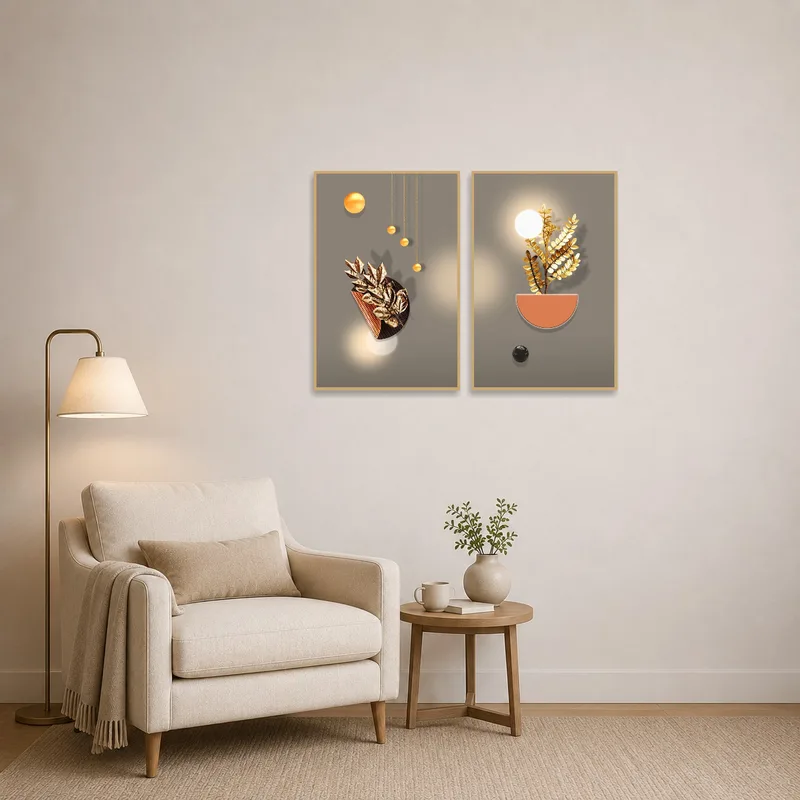 Reading corner adorned with a calming abstract floral art set.