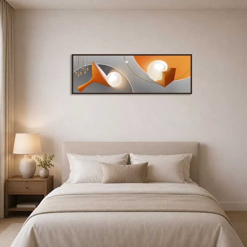 Abstract geometric art in warm tones complementing a serene bedroom vibe.
