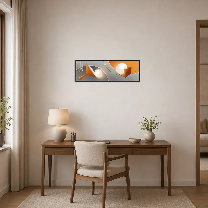 Warm-toned geometric art inspiring creativity in a modern home office.