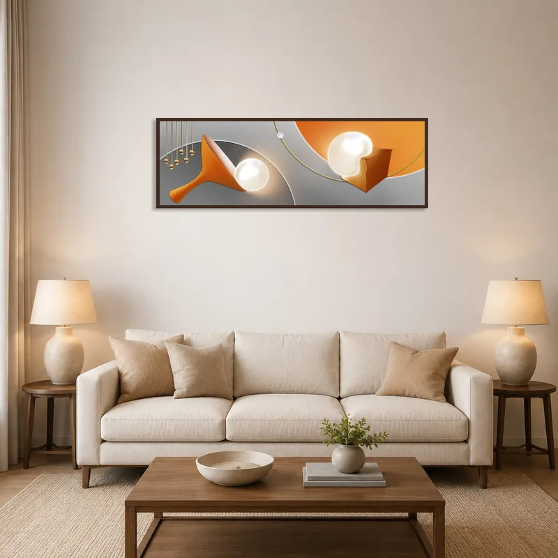 Geometric art with warm tones above a contemporary sofa in a living room.