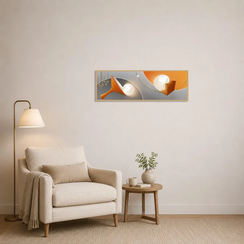 Geometric art piece bringing warmth and interest to a cozy reading corner.
