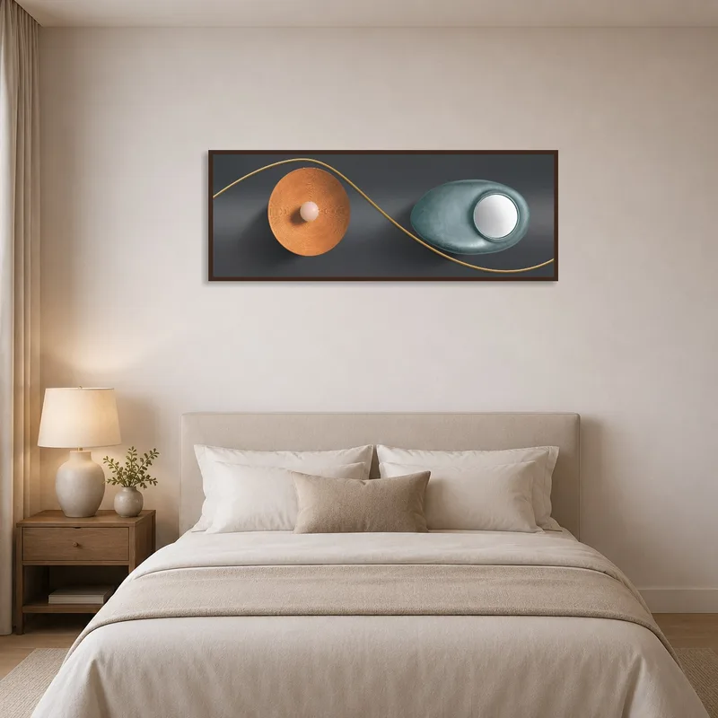 Earth-toned abstract art complements a serene bedroom ambiance.