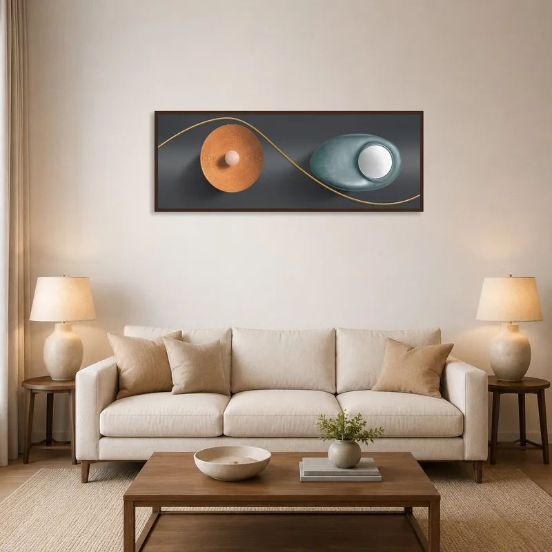 Earth-toned geometric art adds warmth to a stylish living room wall.
