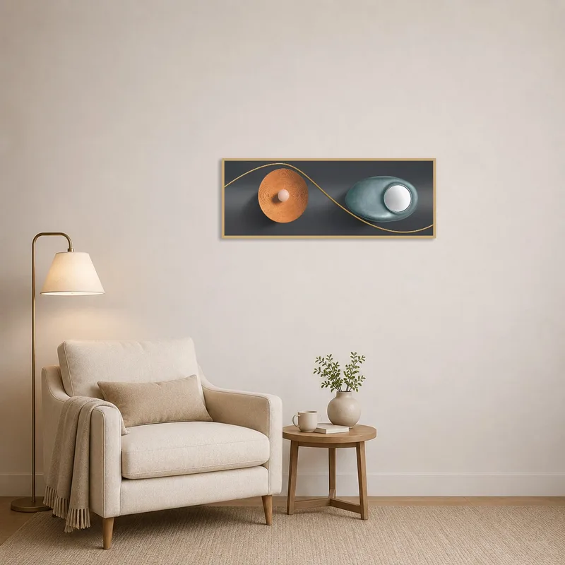 Modern geometric artwork brings warmth to a cozy reading corner.