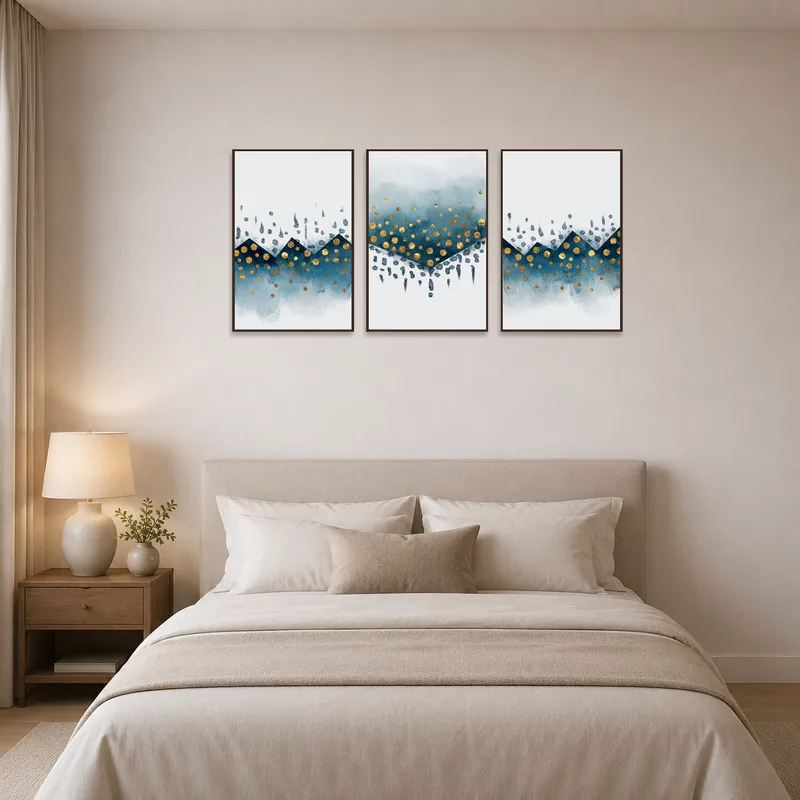 Gold and blue geometric triptych creating a focal point in a bedroom above the bed.