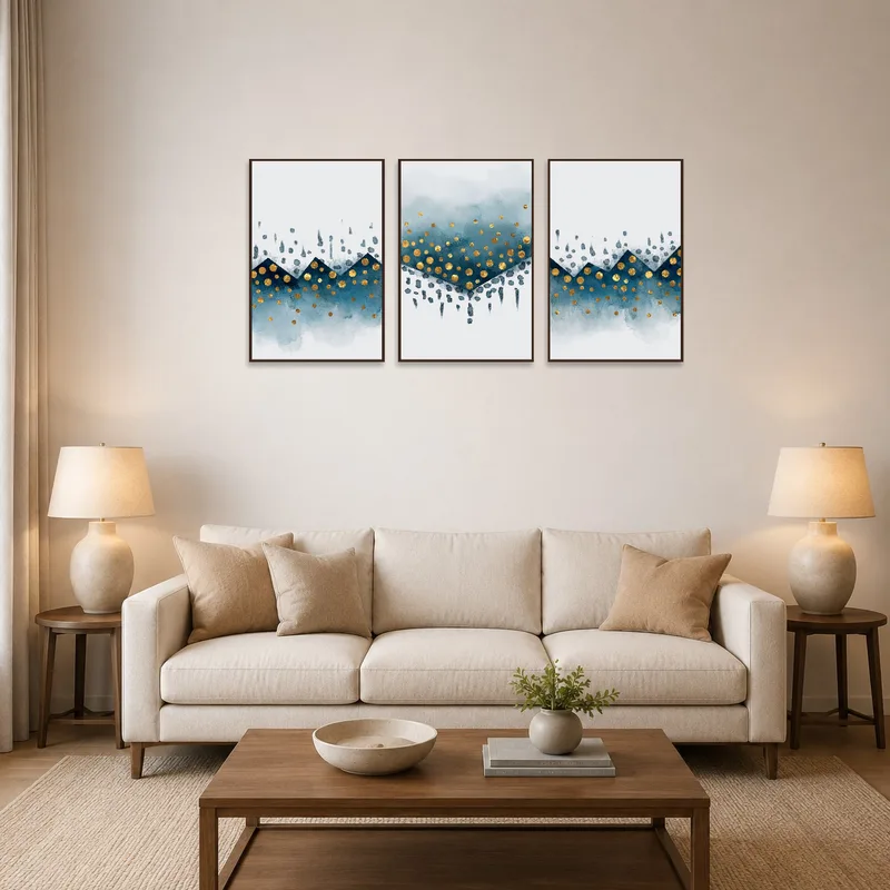 Triptych with gold and blue geometric shapes in a living room above a modern sofa.