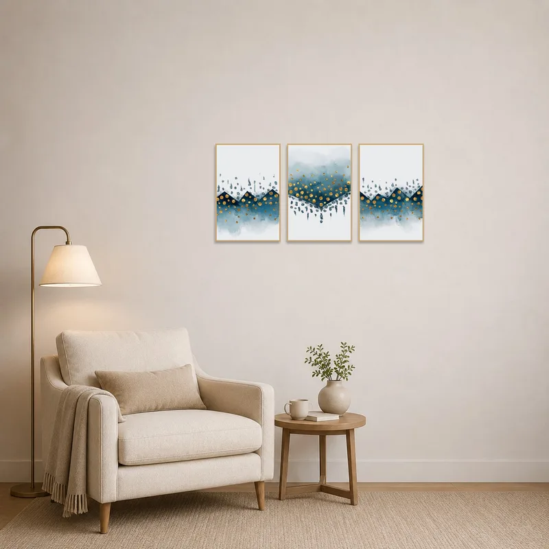 Gold and blue geometric triptych adding color to a cozy reading corner with a plush chair.