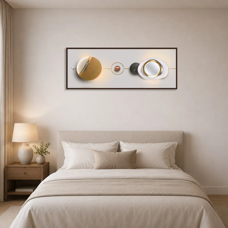 Sphere geometric art above the bed in a modern bedroom.