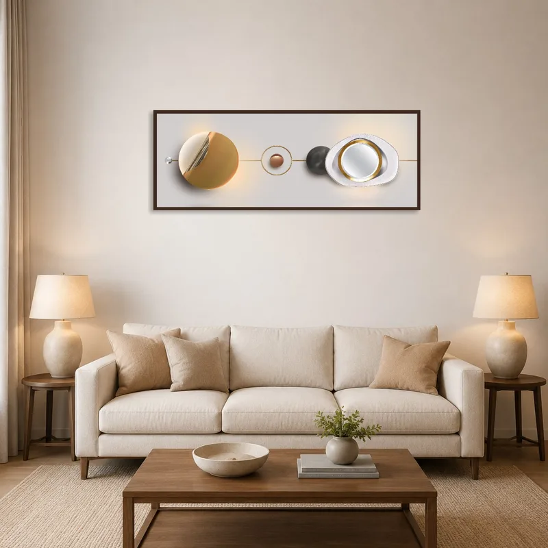 Abstract geometric sphere art in a contemporary living room setting.