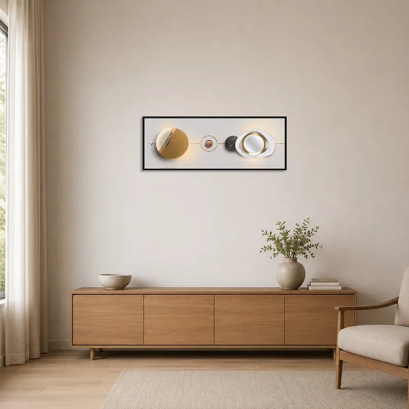 Modern geometric sphere art on a clean, minimalist wall.
