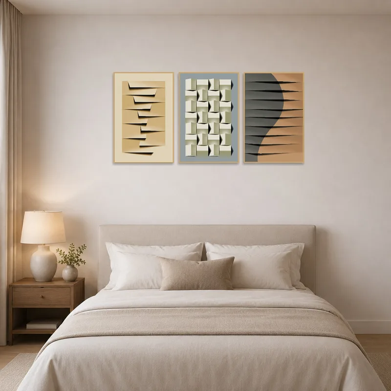Bold geometric prints serving as a stunning focal point in a serene bedroom.