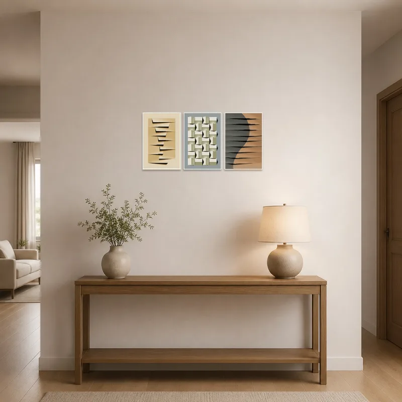 Abstract geometric set greeting guests in an entrance hall above a console table.