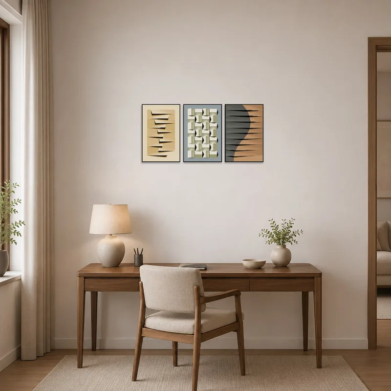 Modern abstract trio elevating the ambiance of a creative home office space.