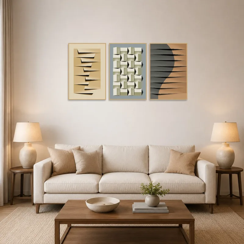 Modern abstract geometric triptych set in a stylish living room above a sleek sofa.