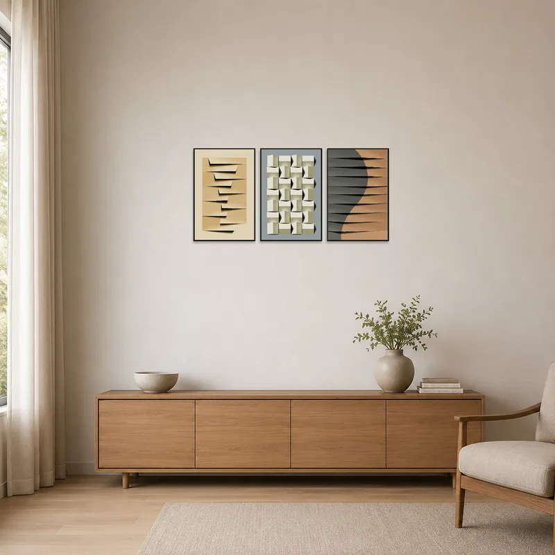 Triptych with geometric shapes adding a pop of culture to a minimalist space.