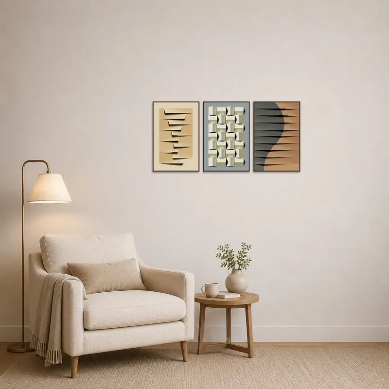 Geometric triptych set enhancing a cozy reading corner with contemporary flair.