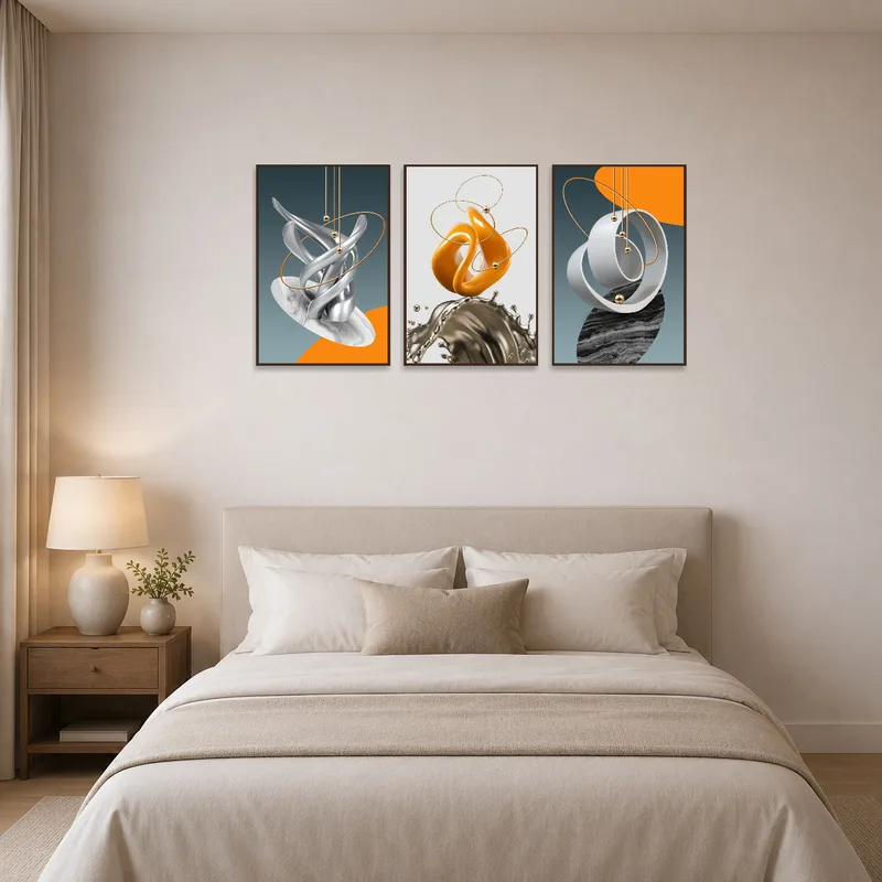 Marble and metallic abstract art enhances the bedroom ambiance.