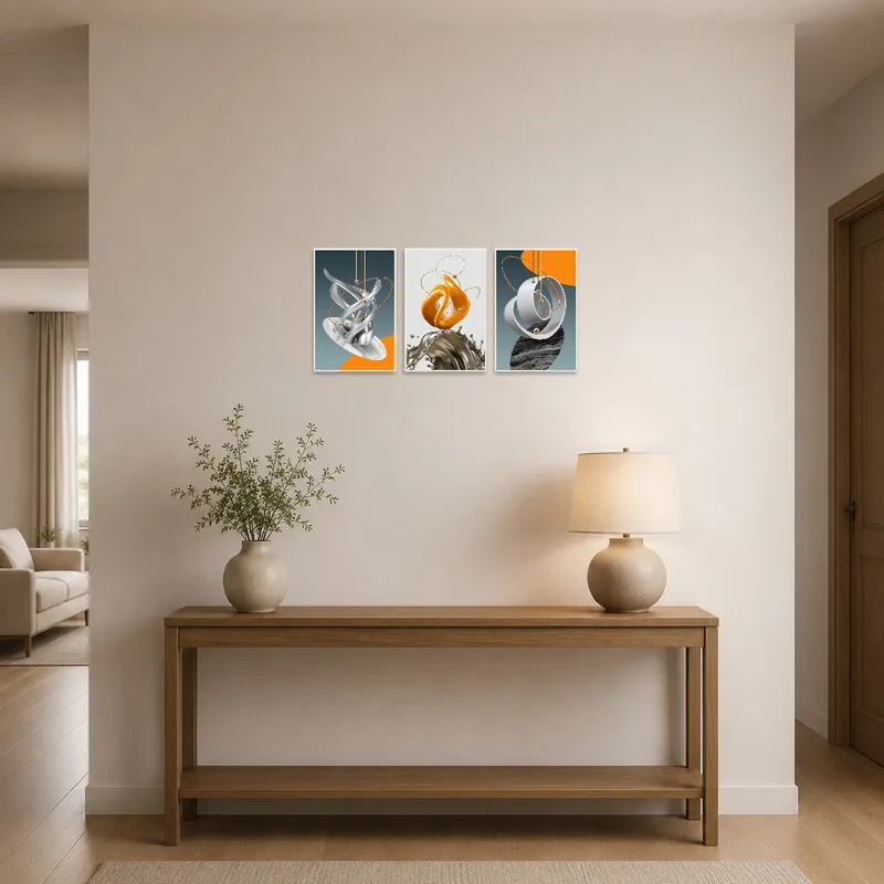Abstract metallic and marble triptych highlights the entrance hall.