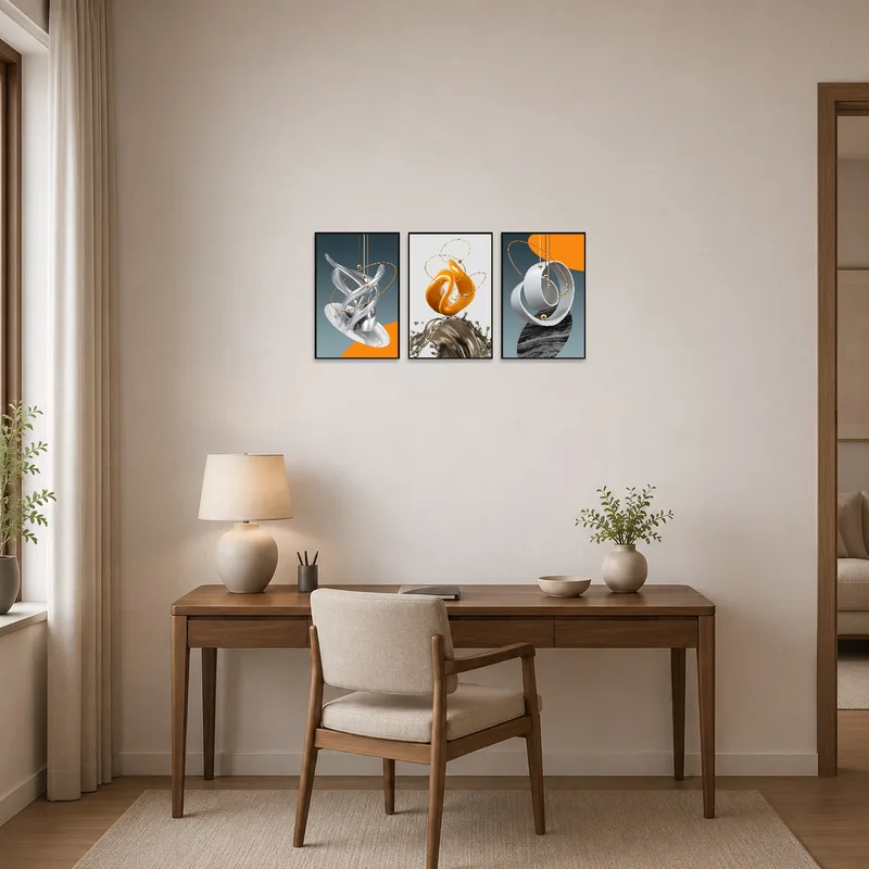 Contemporary triptych introduces sophistication to the home office.