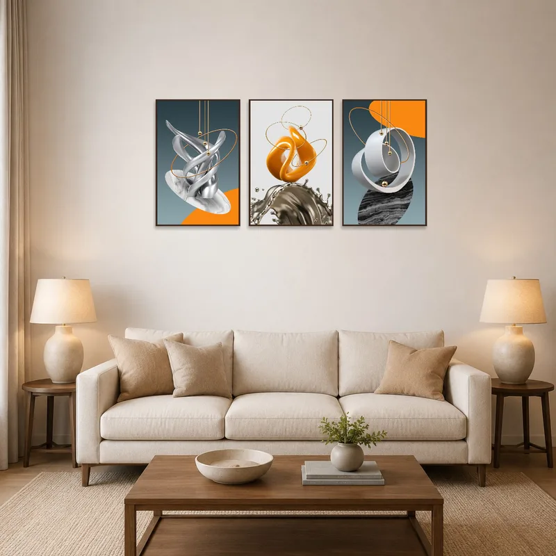 Triptych art with metallic and marble abstract in a stylish living room.