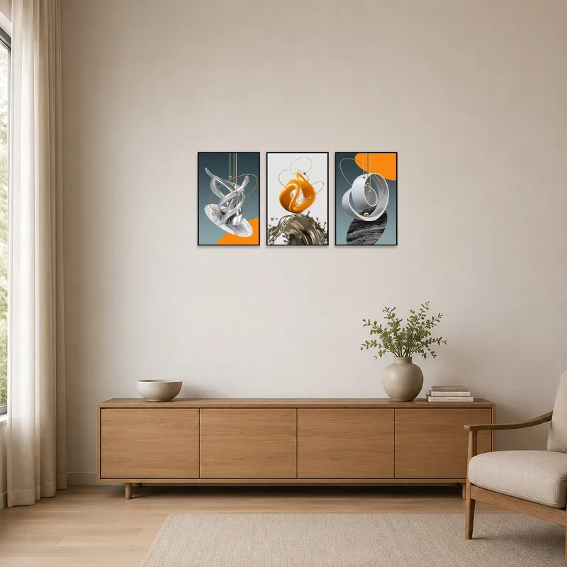 Sleek abstract triptych complements the minimalist space.