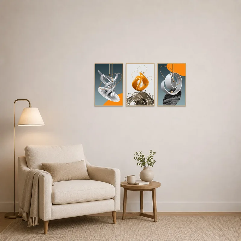 Elegant triptych adds a modern touch to the reading corner.