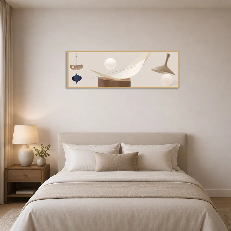 Bedroom featuring a calming modern abstract objects print.