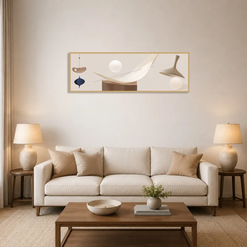Modern abstract print in soft tones on a living room wall.