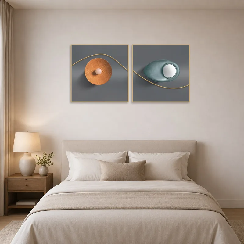Modern abstract shapes art set with earthy tones adding warmth to a serene bedroom.