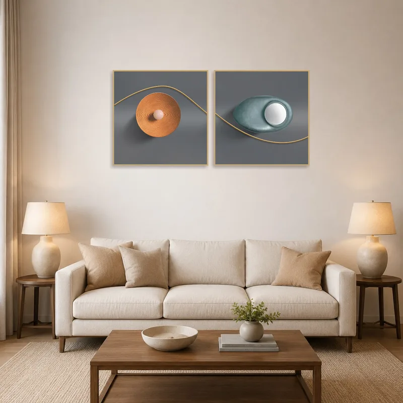 Modern abstract shapes art set in earthy tones above a stylish sofa in a cozy living room.