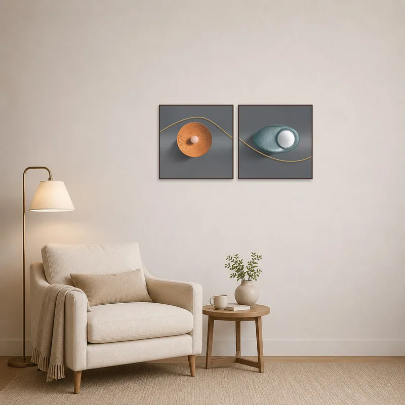 Modern abstract shapes art set with earthy tones brightening up a cozy reading corner.