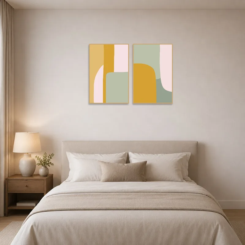 Abstract shapes in warm tones creating a serene bedroom atmosphere.